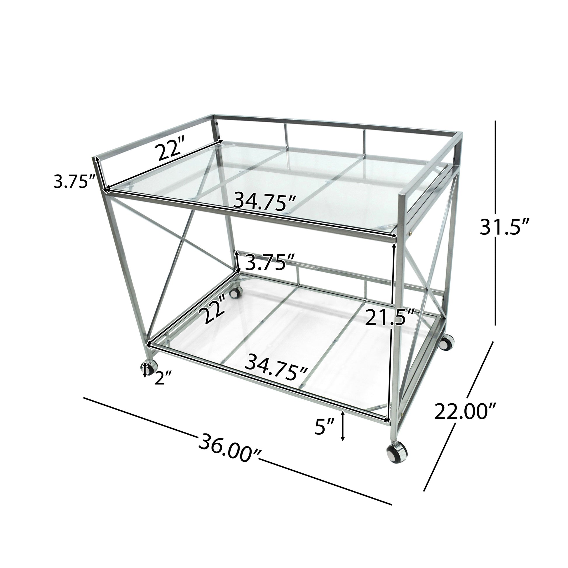 Silver metal bar cart with two glass shelves and wheels