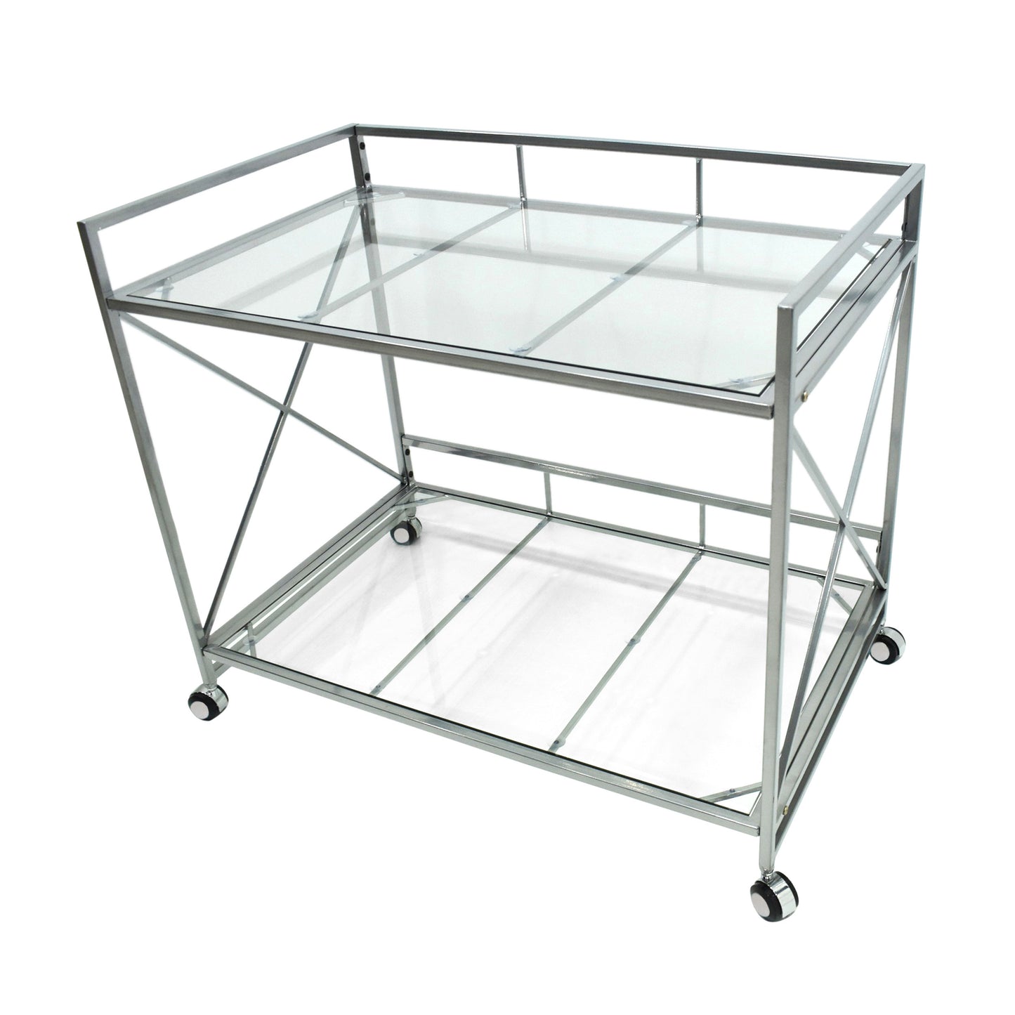 Modern metal and glass bar cart with wheels for serving drinks