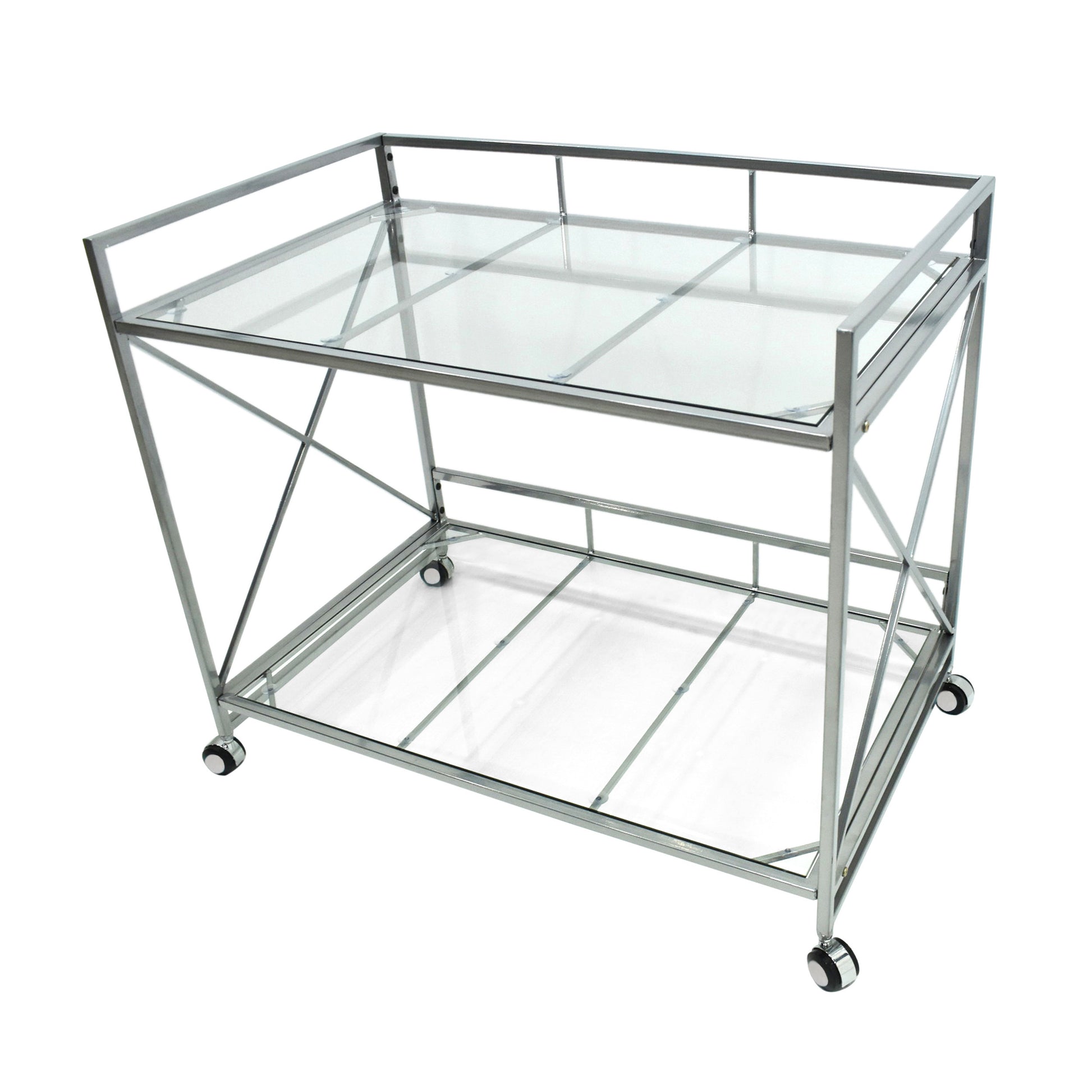 Modern metal and glass bar cart with wheels for serving drinks