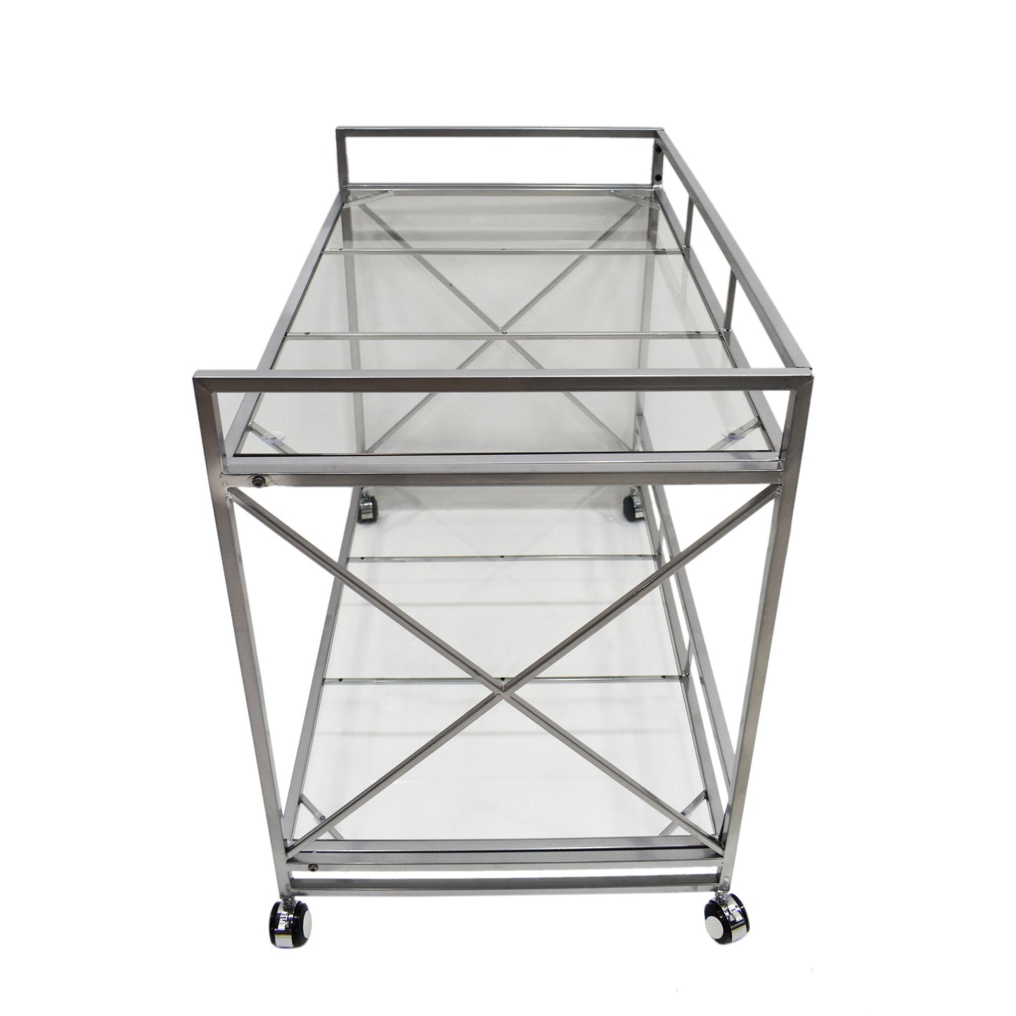 Modern chrome bar cart with two clear glass shelves and wheels