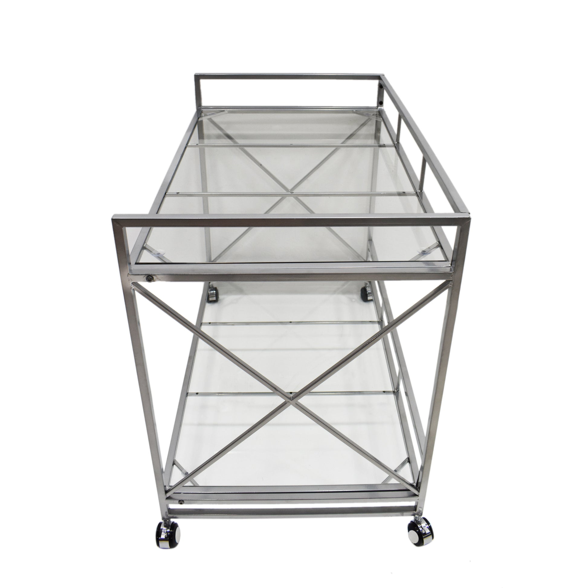 Modern chrome bar cart with two clear glass shelves and wheels