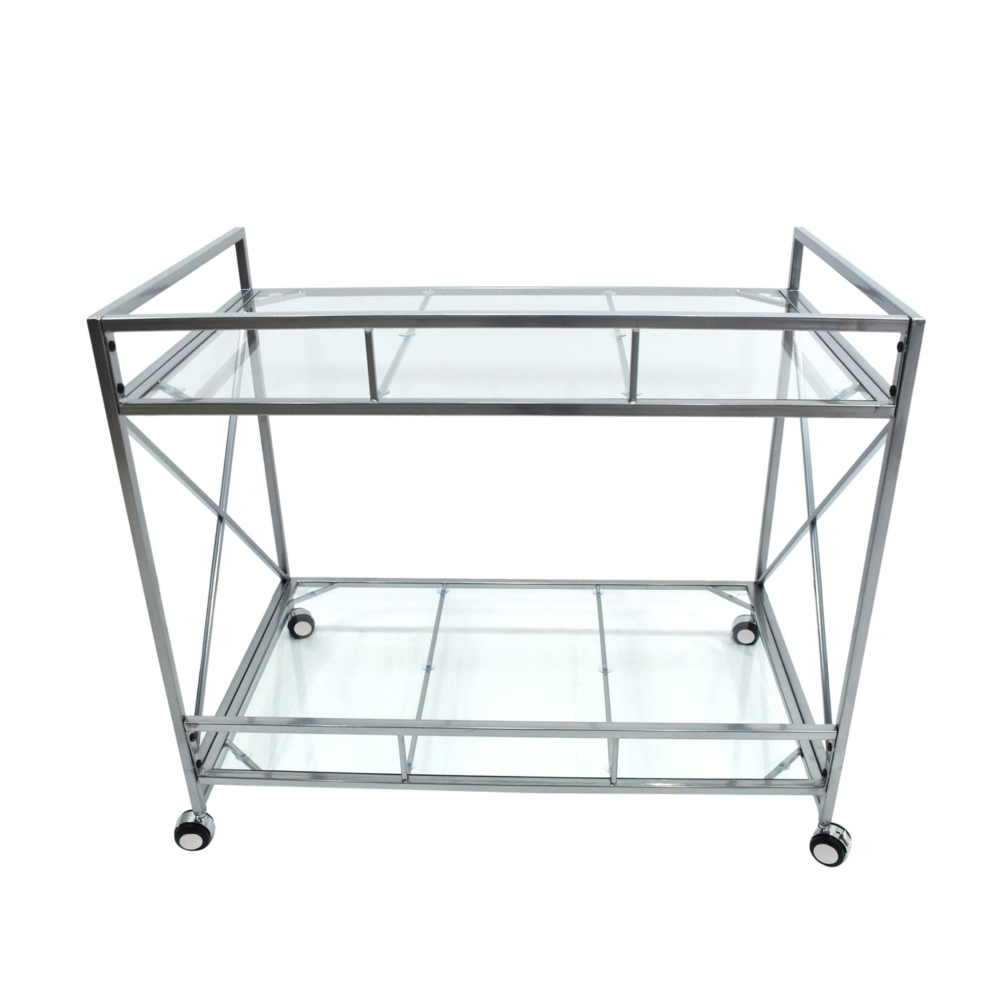 Sleek silver metal frame bar cart with two clear glass shelves and wheels