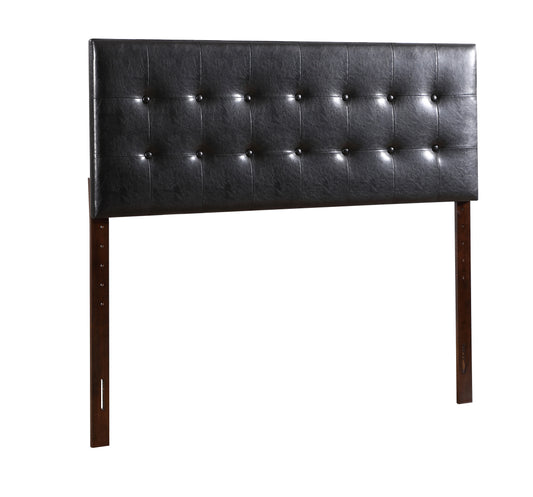 Black faux leather tufted headboard with wooden legs for a modern bedroom