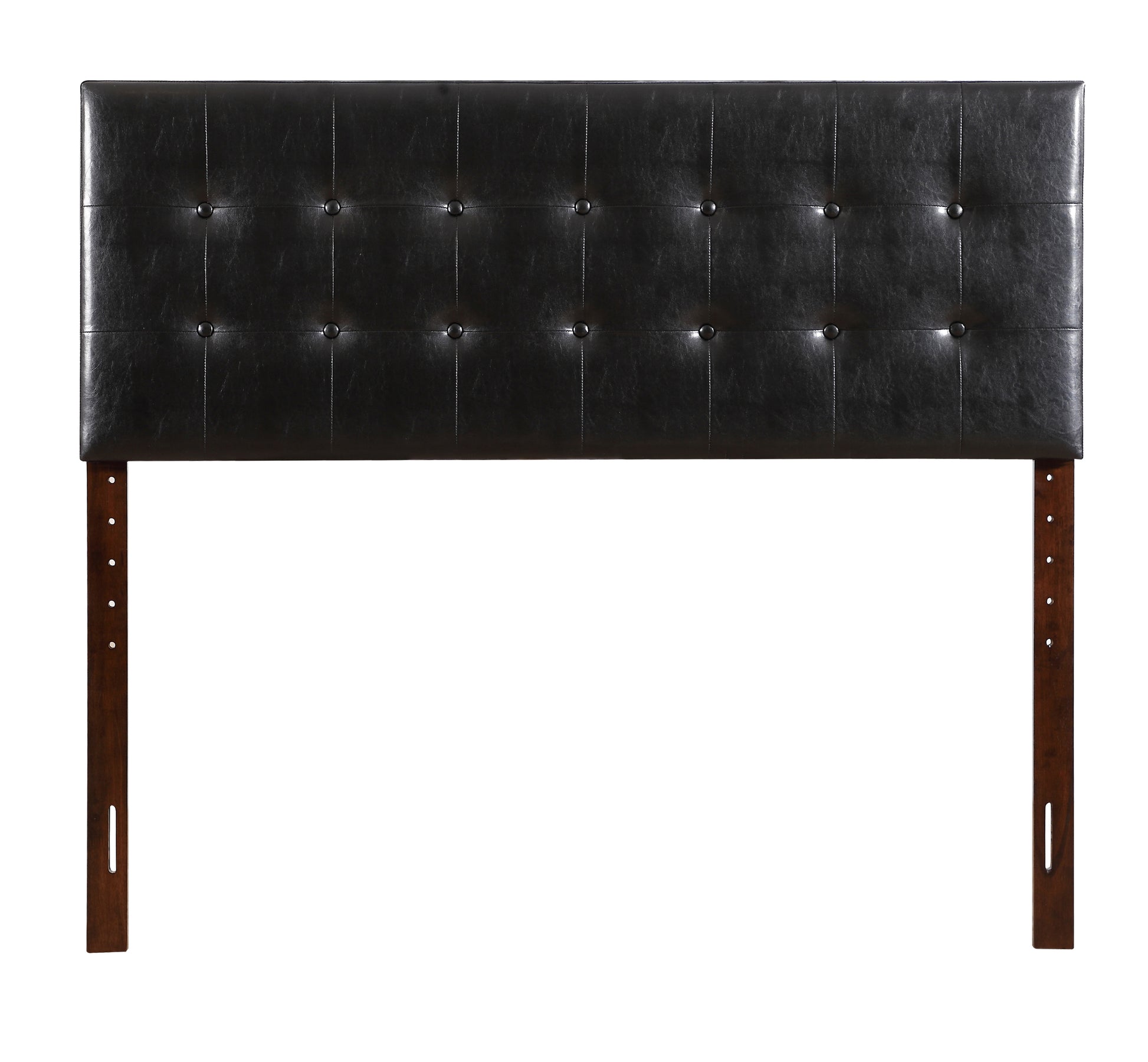Tufted black faux leather headboard with dark wood legs