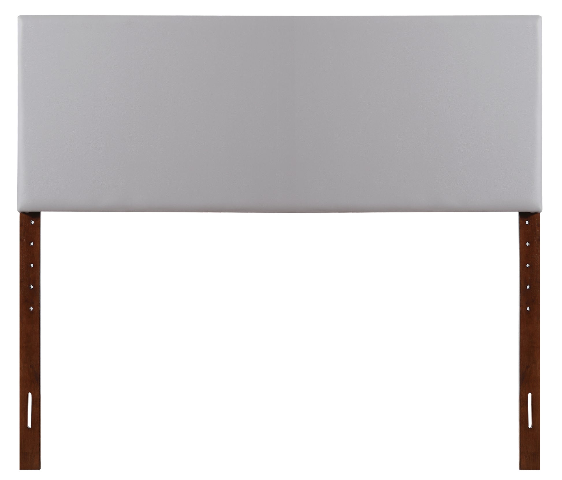 Minimalist light gray upholstered headboard with dark wood legs