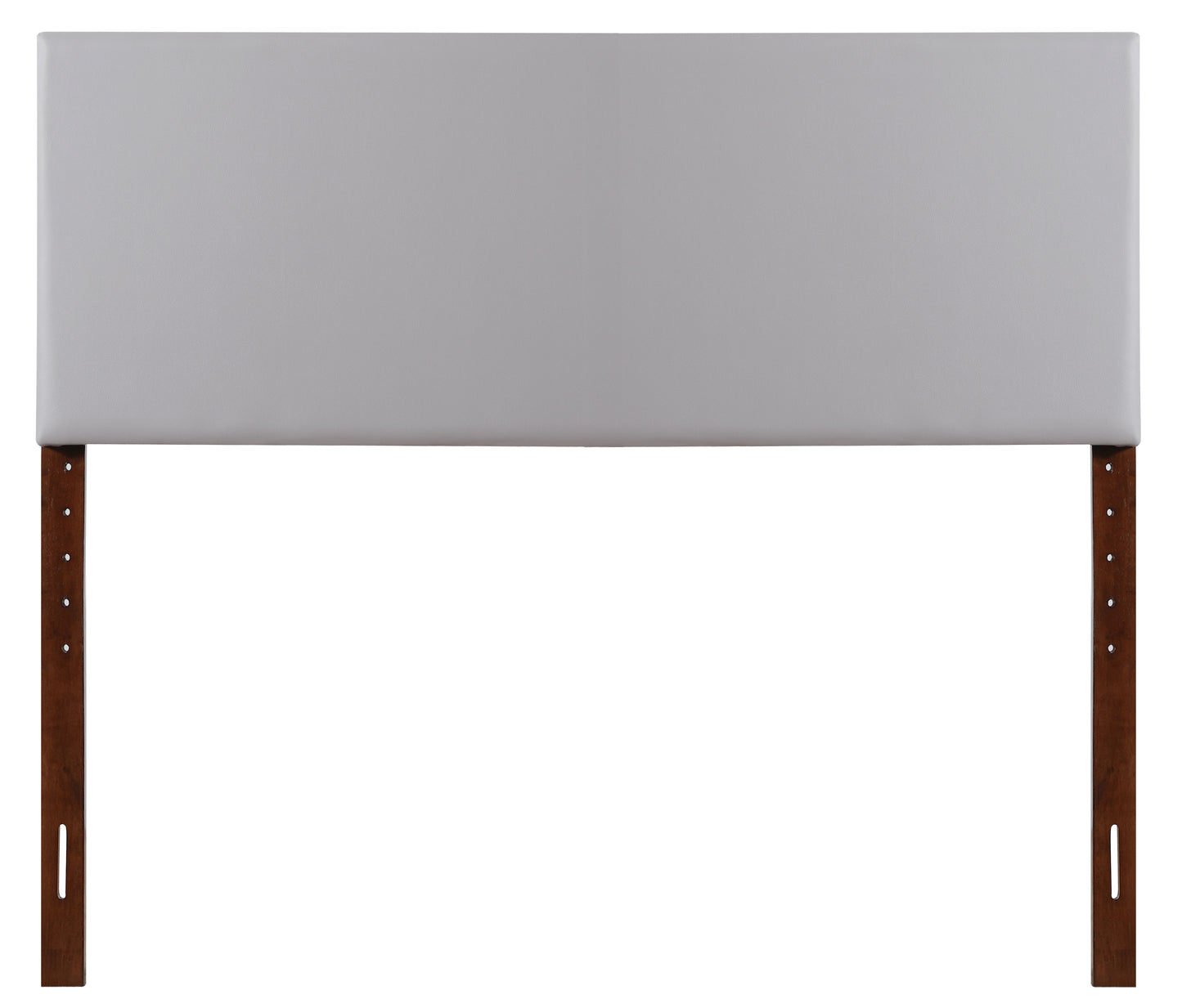 Minimalist gray upholstered headboard with dark wood legs for a modern bedroom