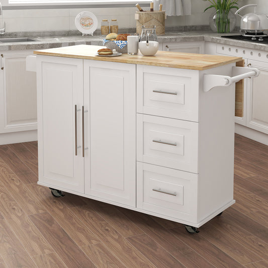 White kitchen island with butcher block top and drawers