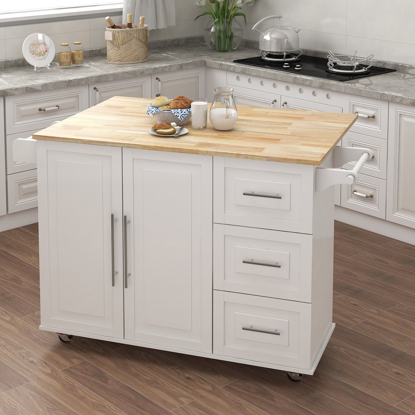 White kitchen island cart with butcher block top and storage drawers