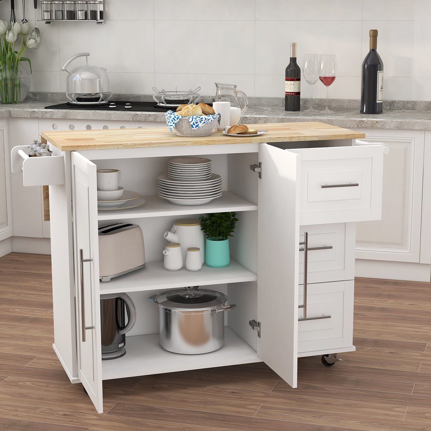 White kitchen cart with butcher block top and open shelves