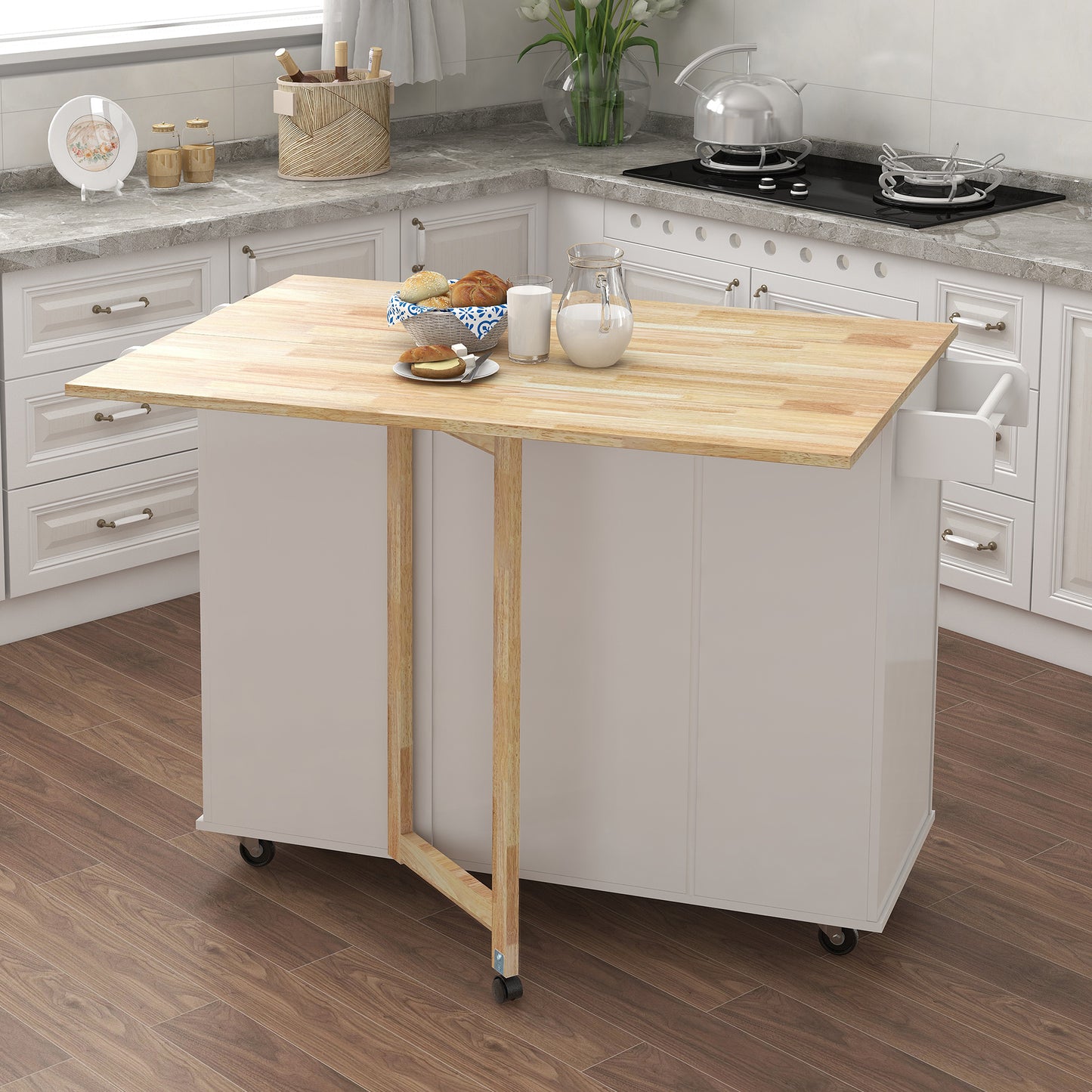 White kitchen island cart with butcher block top and casters