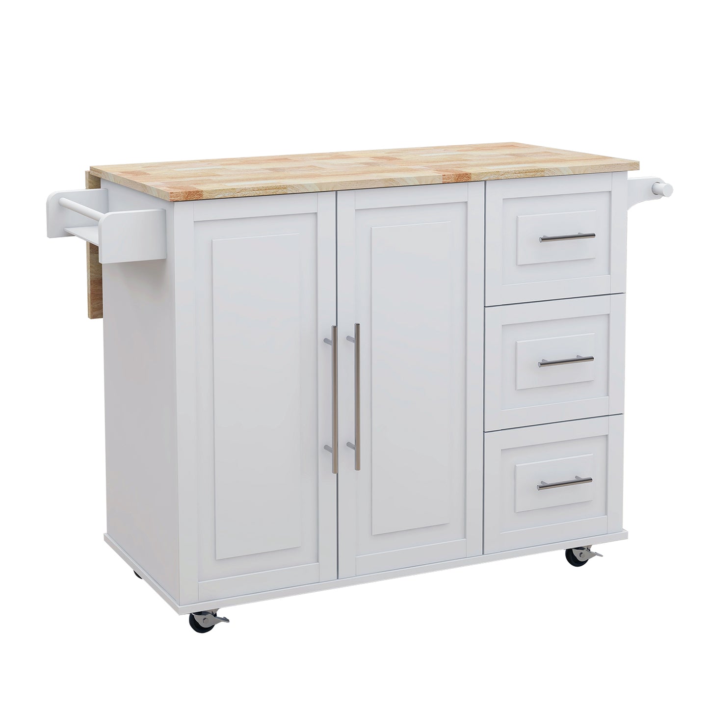 White kitchen cart with butcher block top and towel bar