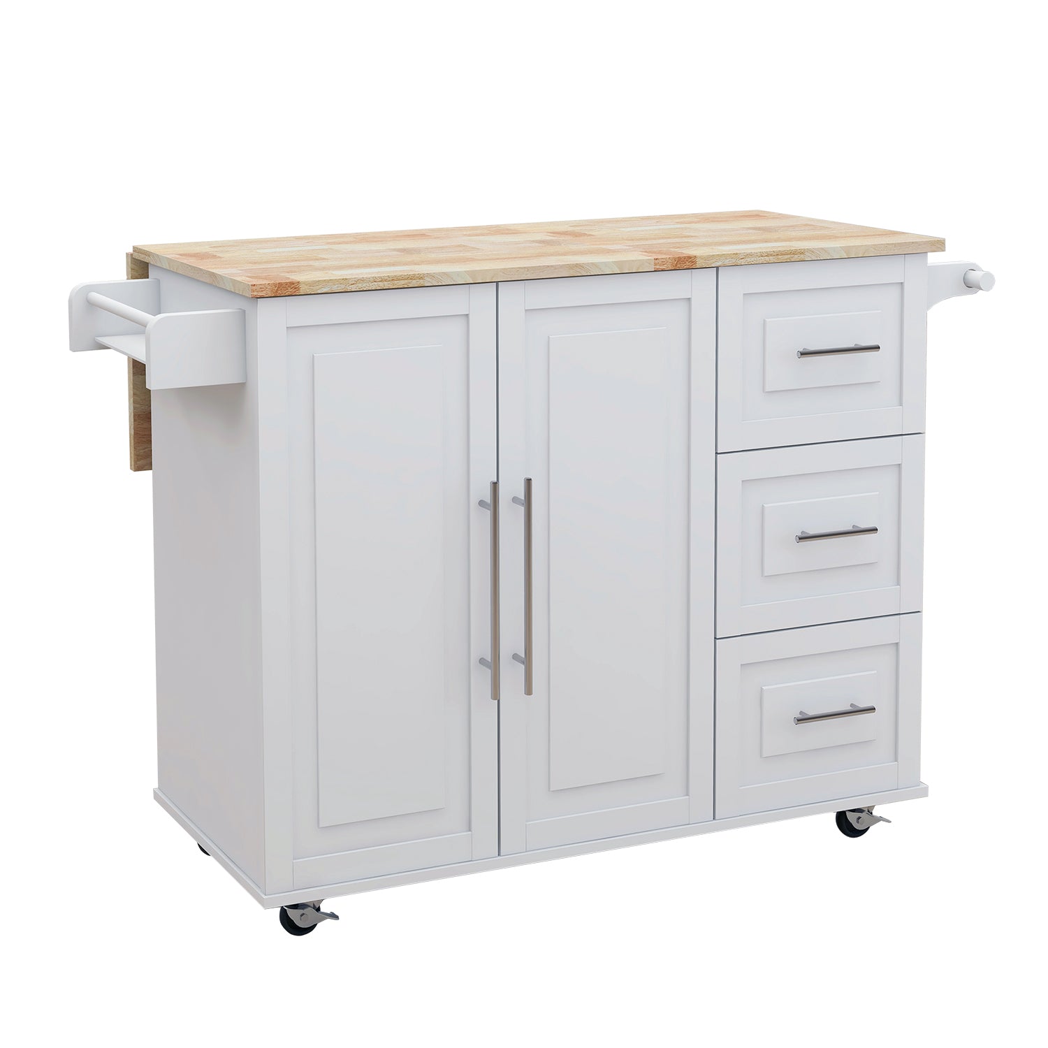 White kitchen cart with butcher block top and towel bar