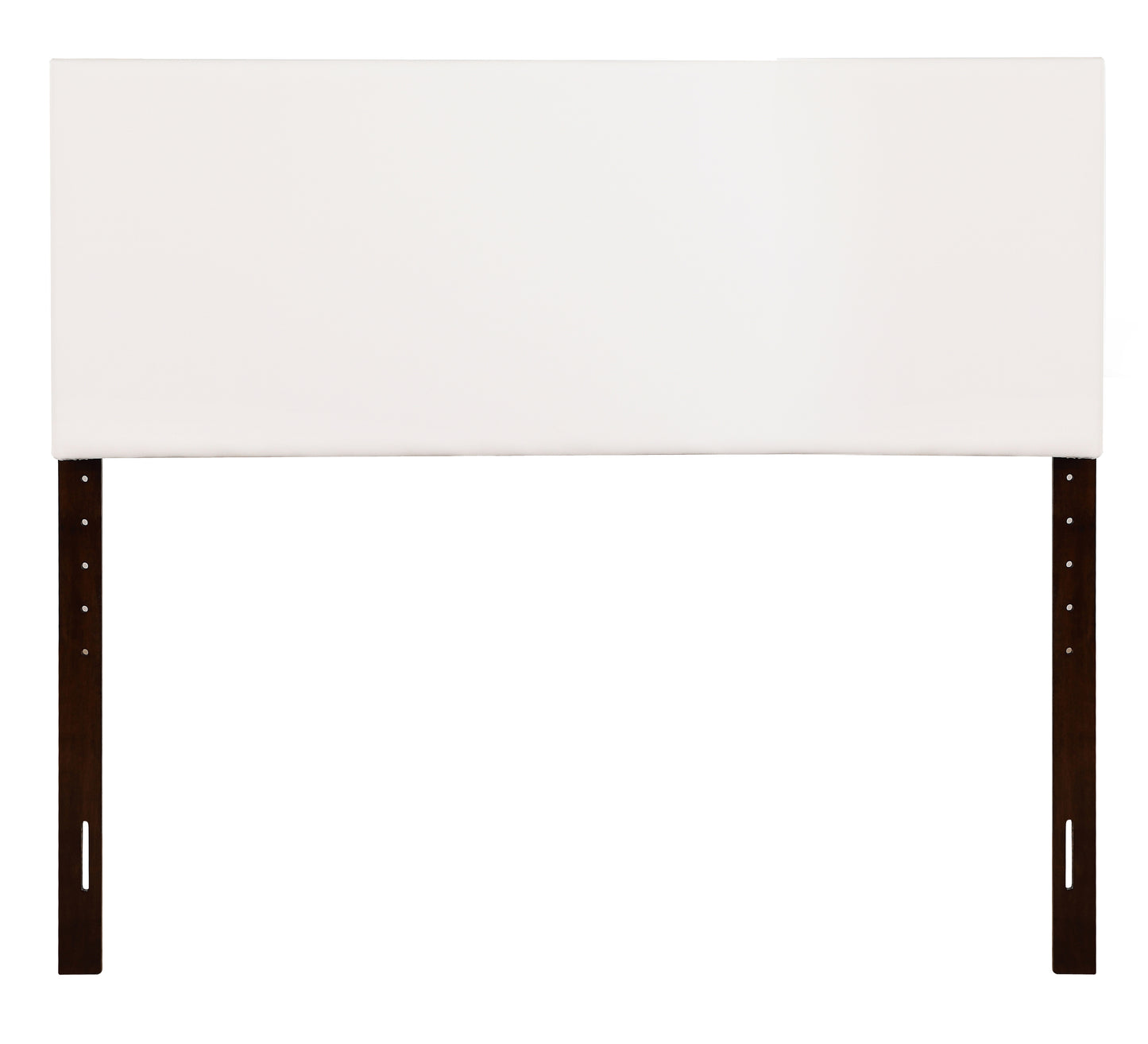 White upholstered headboard with dark wood legs offering adjustable height settings