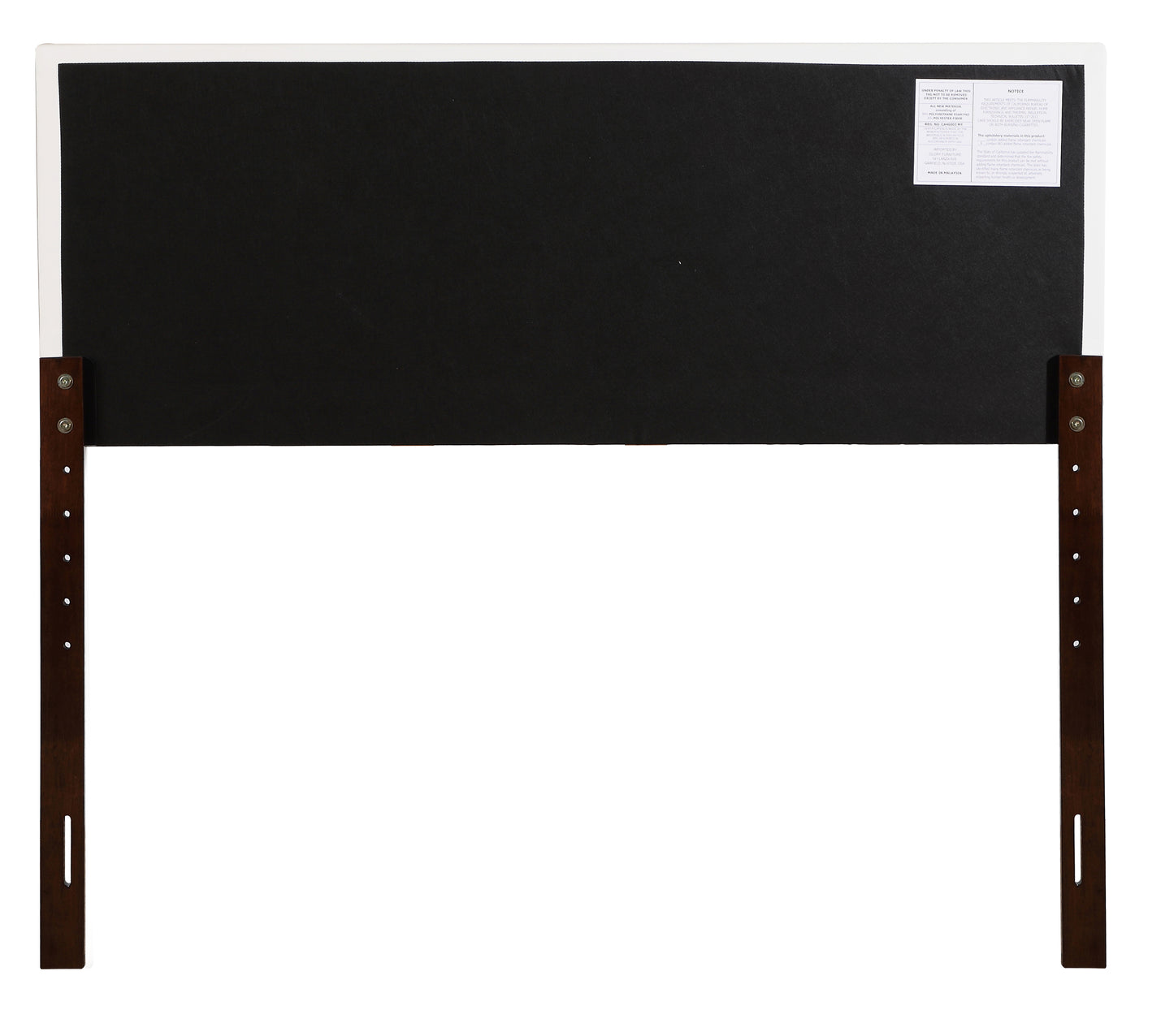 Dark wood headboard with black fabric panel and adjustable height legs