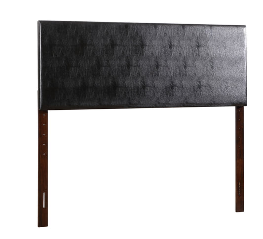 Black faux leather headboard with tufted design and wooden legs