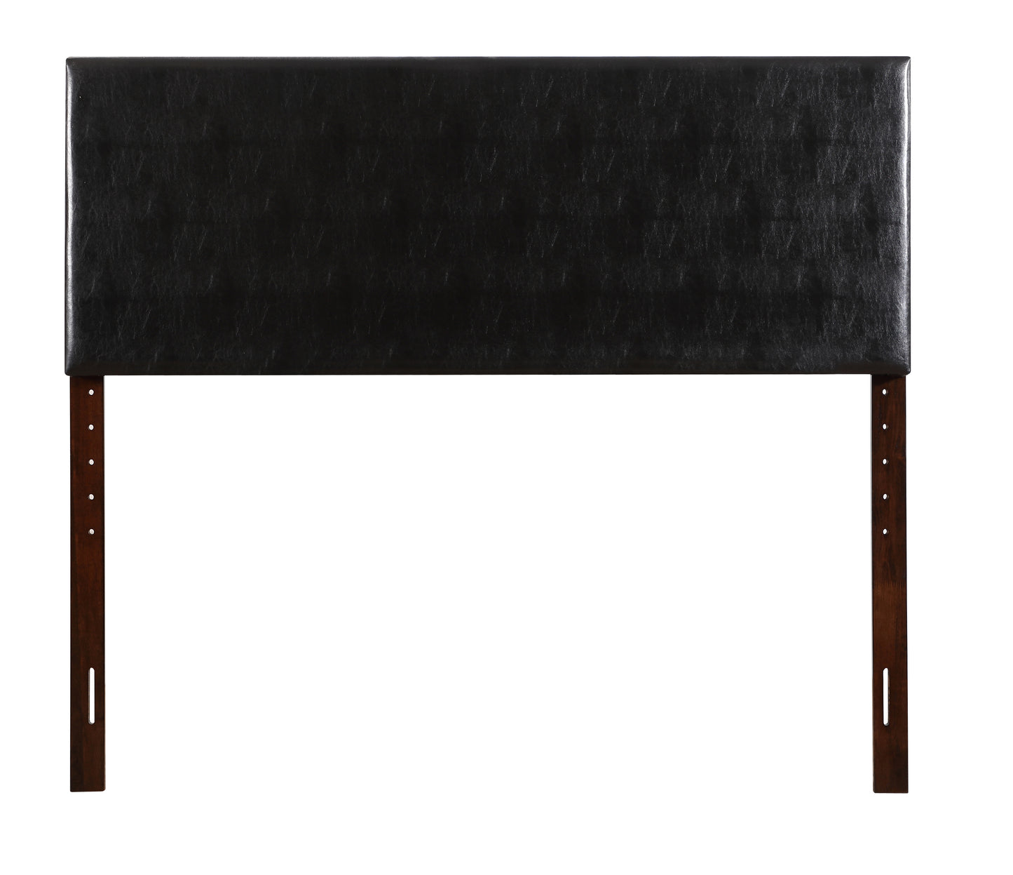 Black faux leather headboard with dark wood support legs