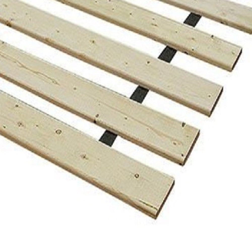 Natural pine wood bed slats with black support straps