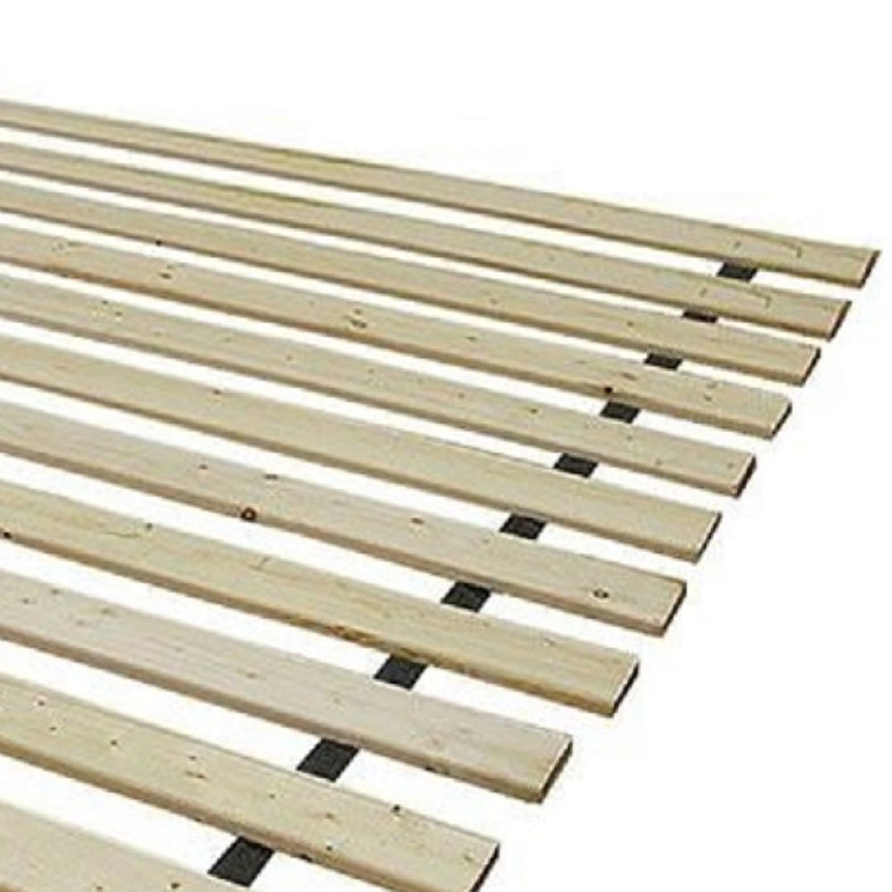 Wooden bed frame slats with dark connectors offering sturdy mattress support