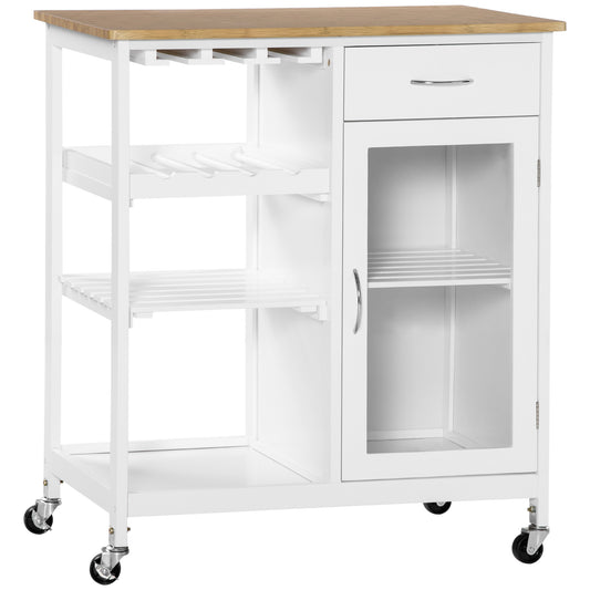 White kitchen cart with bamboo top and wine glass rack