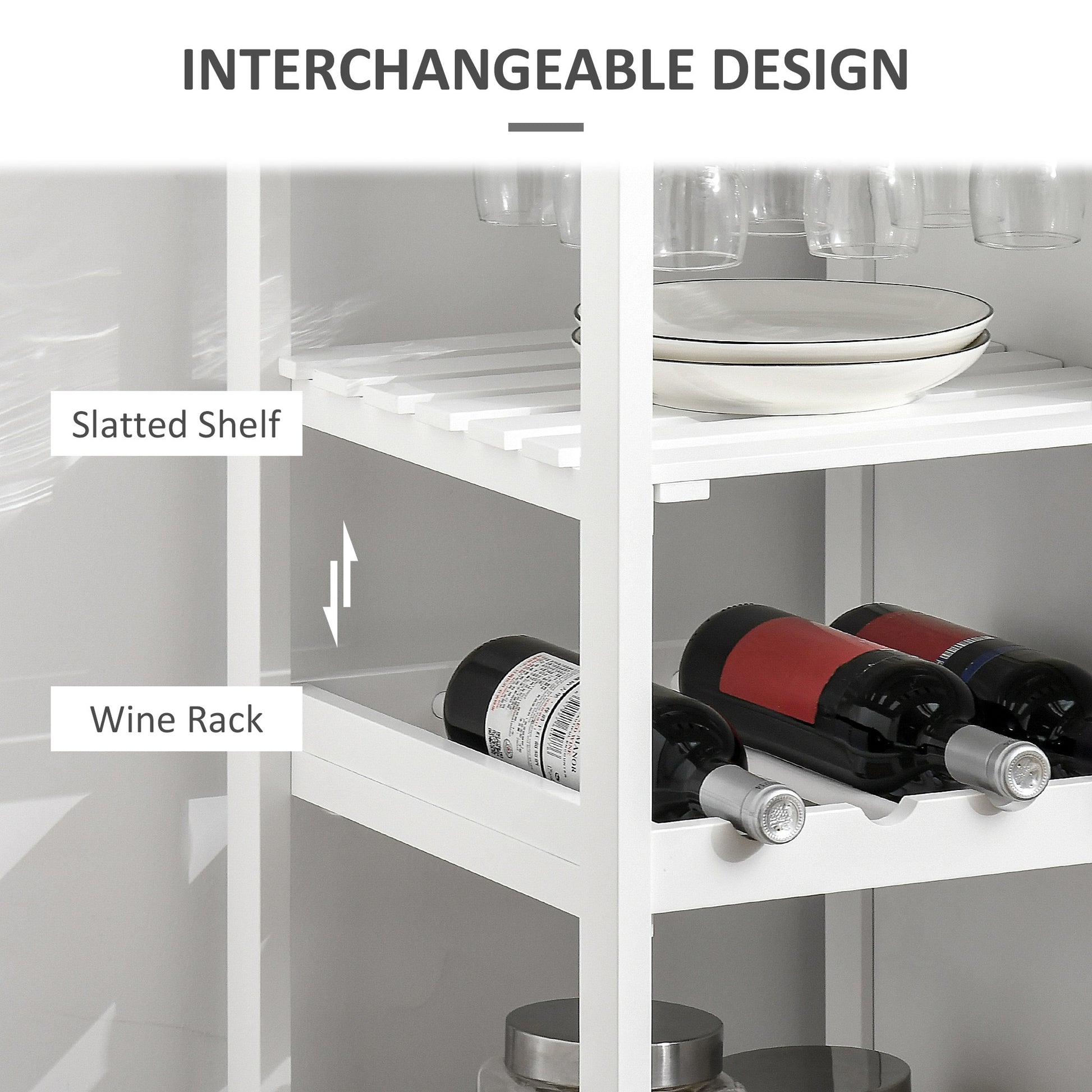 White adjustable wine rack with slatted shelf and wine bottles