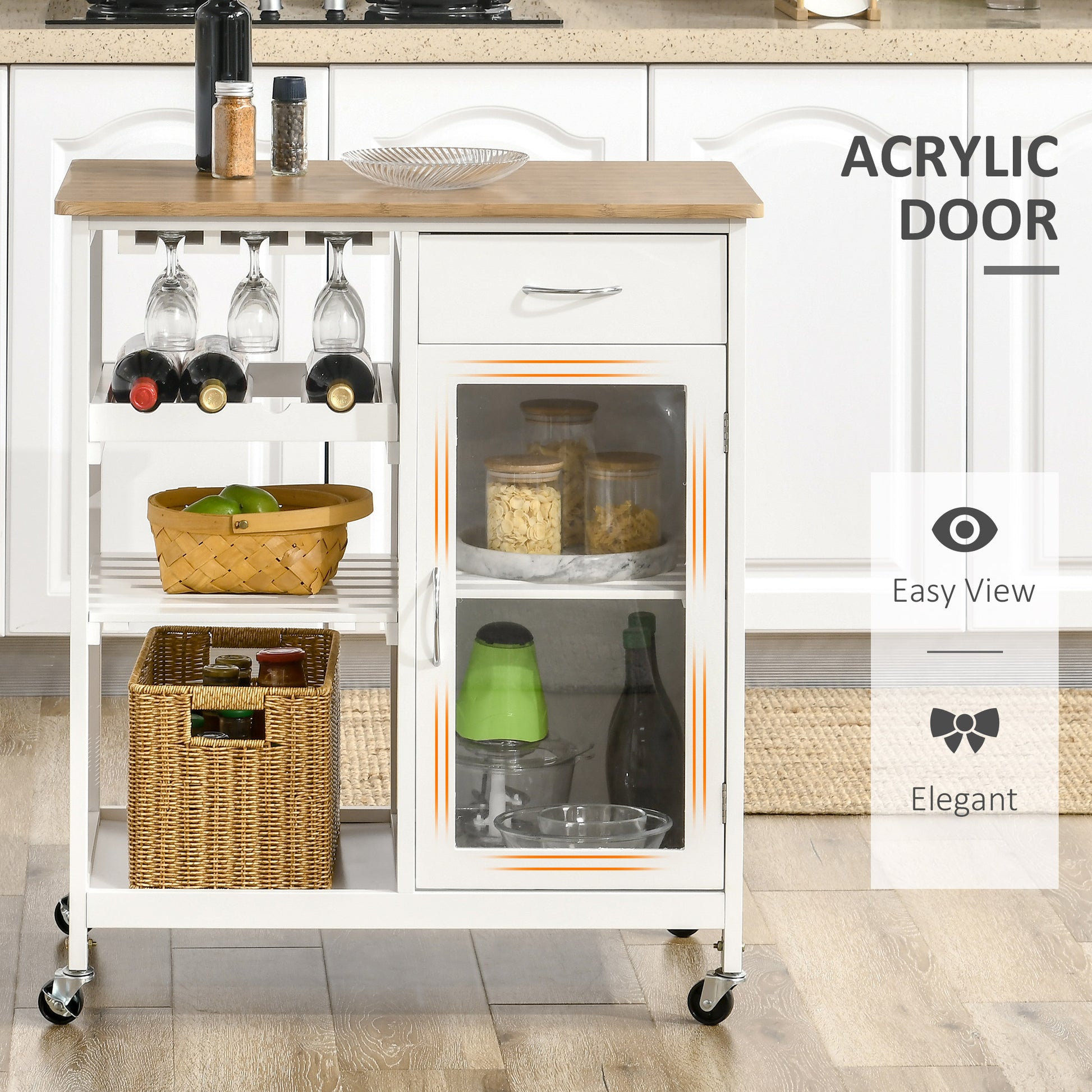 White kitchen cart with bamboo top and acrylic door