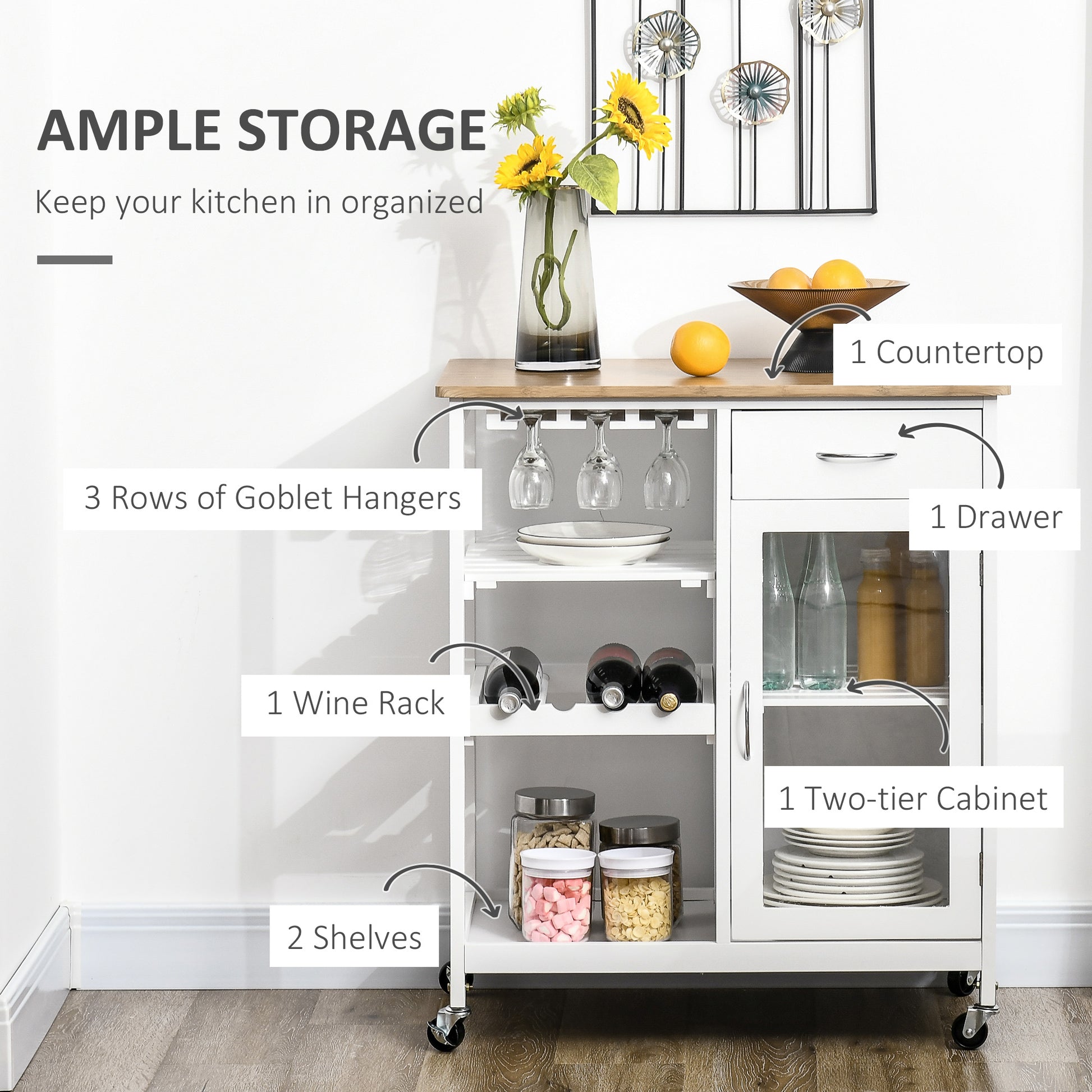 White kitchen cart with a wooden countertop featuring goblet hangers and wine rack