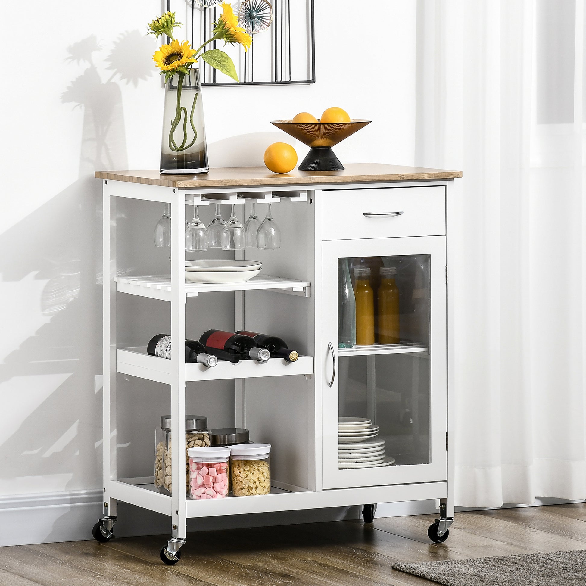 White kitchen cart with wine rack glass holder and storage drawers perfect for small kitchens