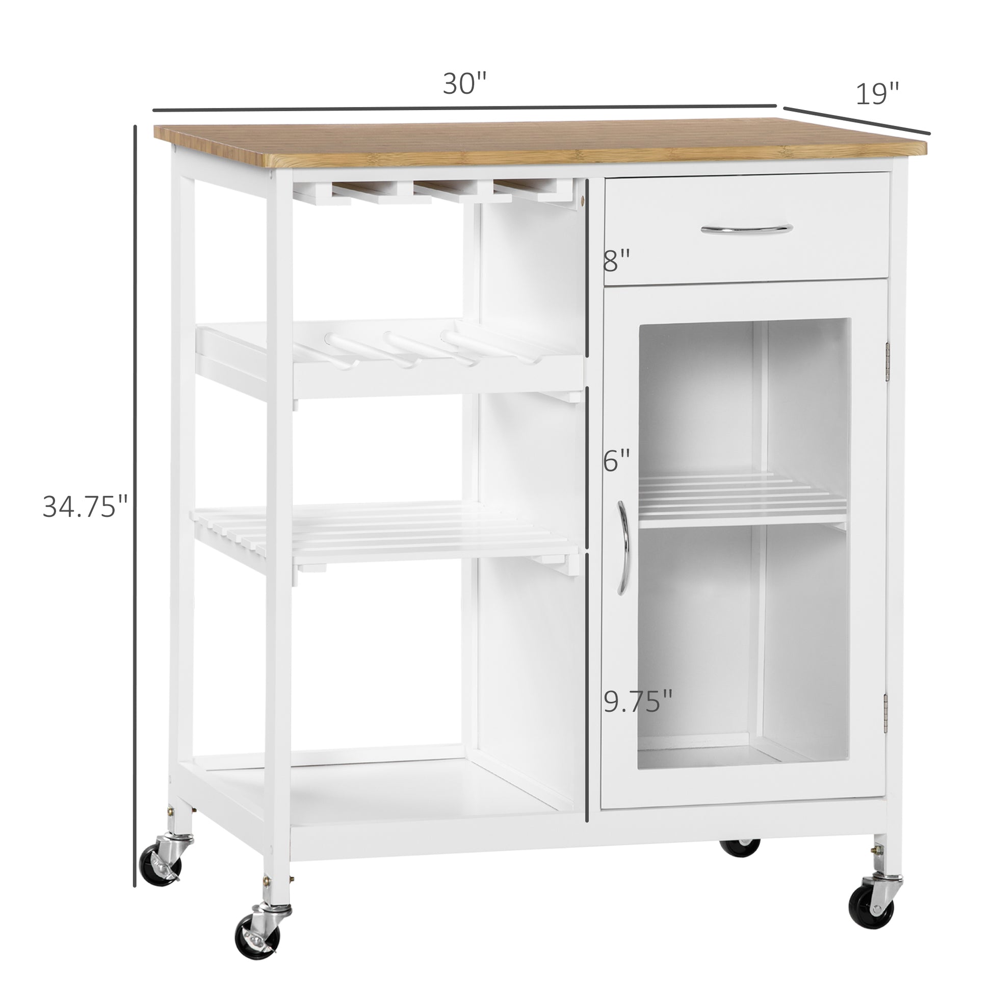 White kitchen cart with bamboo top and wine rack