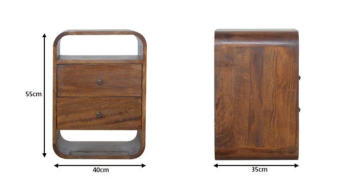 Solid wood bedside table with two drawers and curved design for modern bedroom