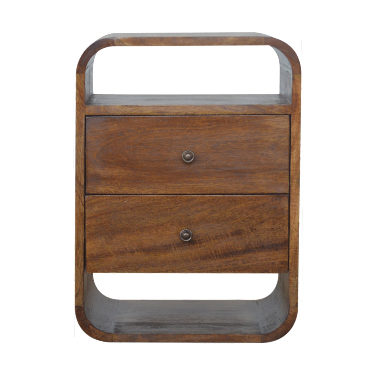 Curved wood bedside table with two drawers and open shelf