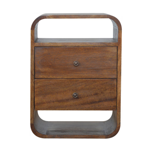 Curved wood bedside table with two drawers and open shelf