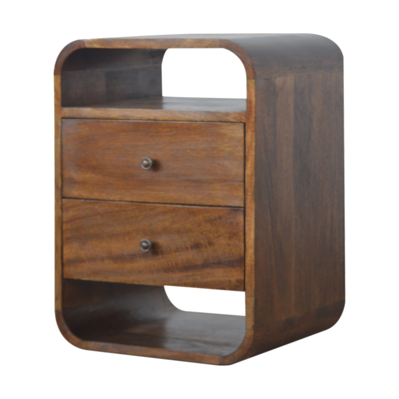 Solid wood bedside table with two drawers and an open shelf