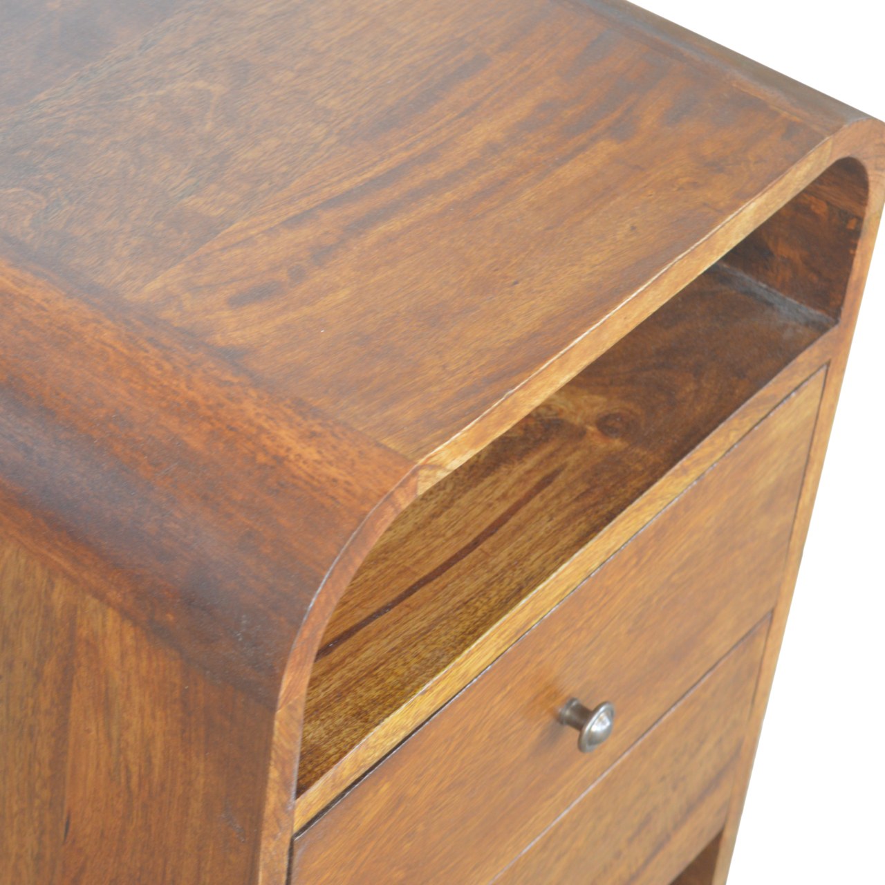 Solid mango wood bedside table with curved edges and two drawers