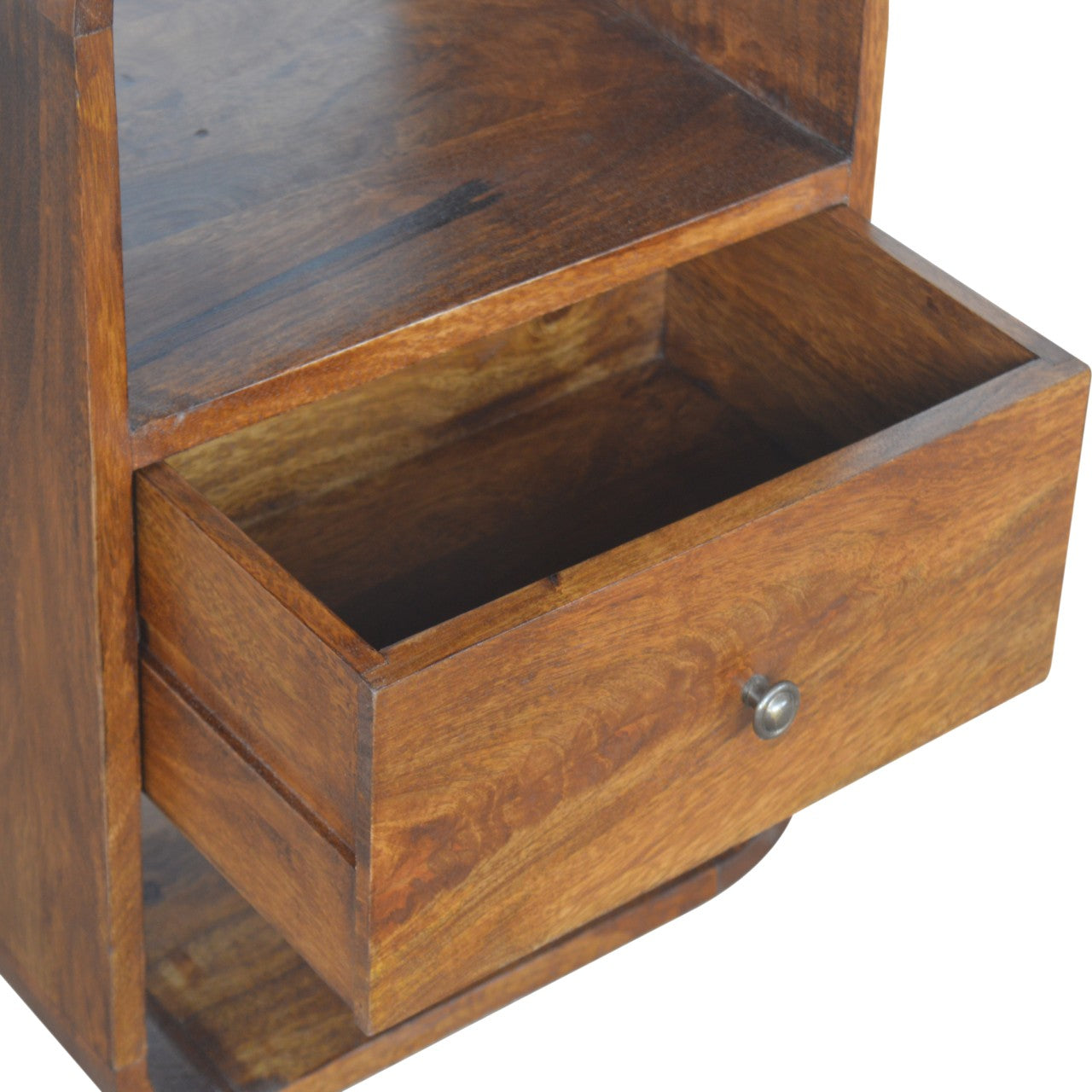 Solid wood side table with one open drawer and metal knob