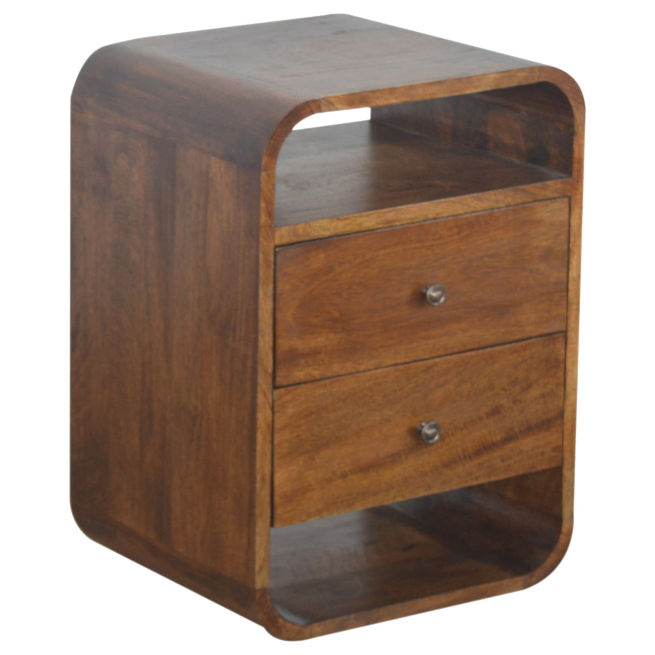 Curved solid wood nightstand with two drawers and an open shelf