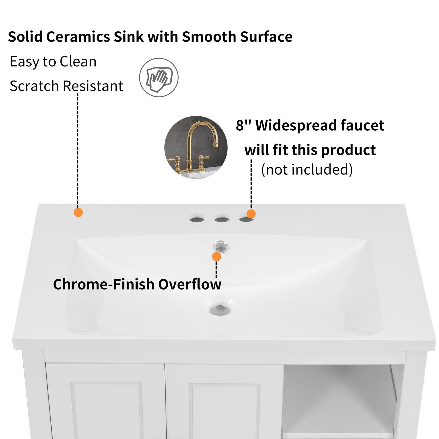White solid ceramic bathroom sink with smooth easyclean surface