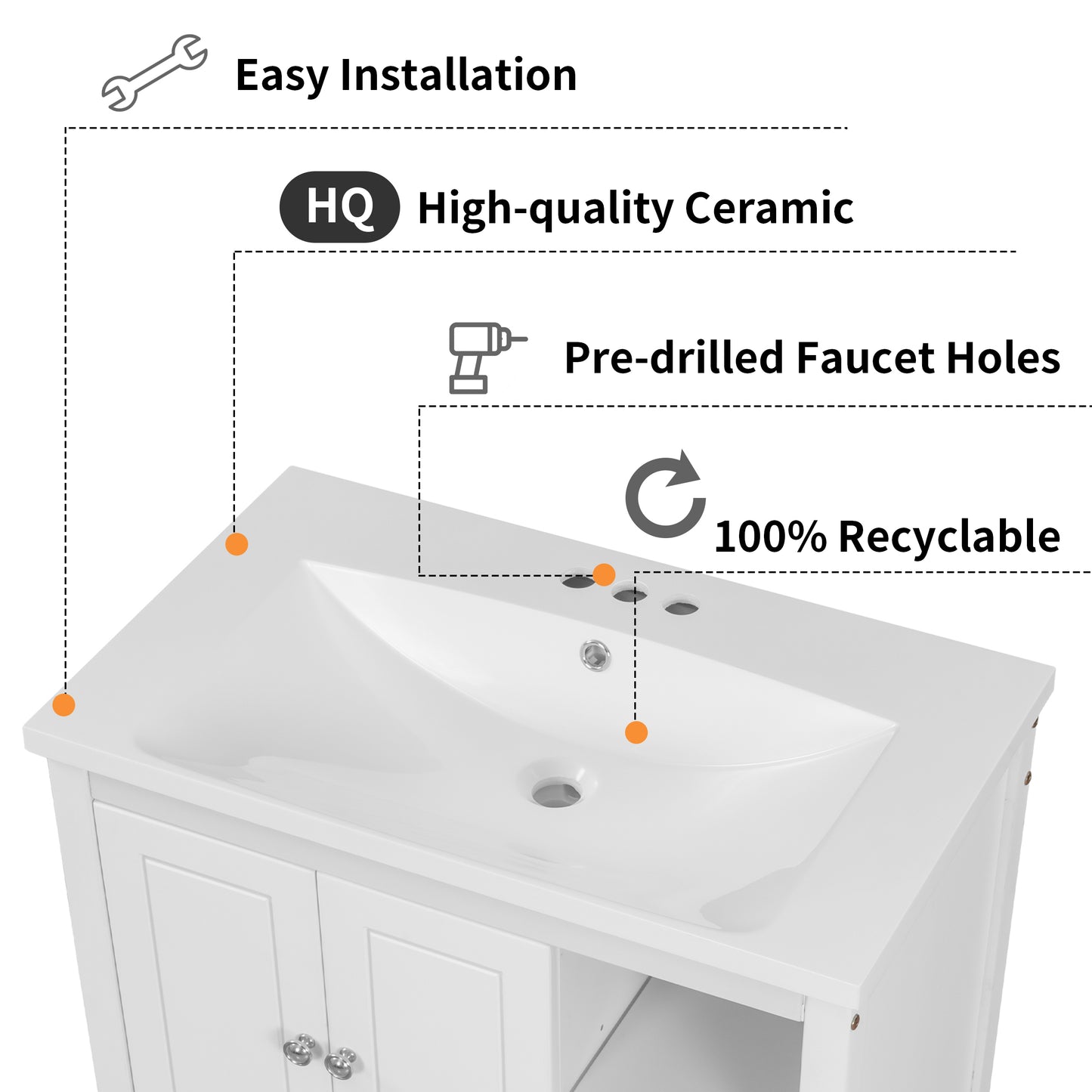 White vanity with integrated ceramic sink predrilled faucet holes for easy installation