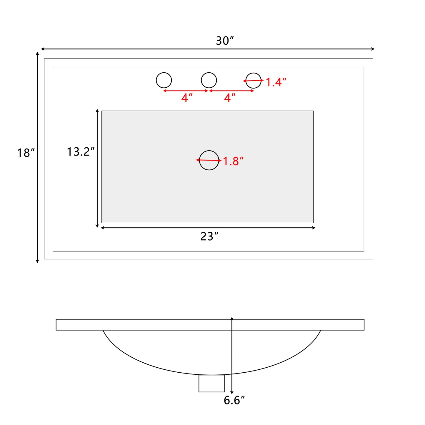 Diagram showing a  x  white undermount bathroom sink with  faucet holes spaced  apart and a  drain opening