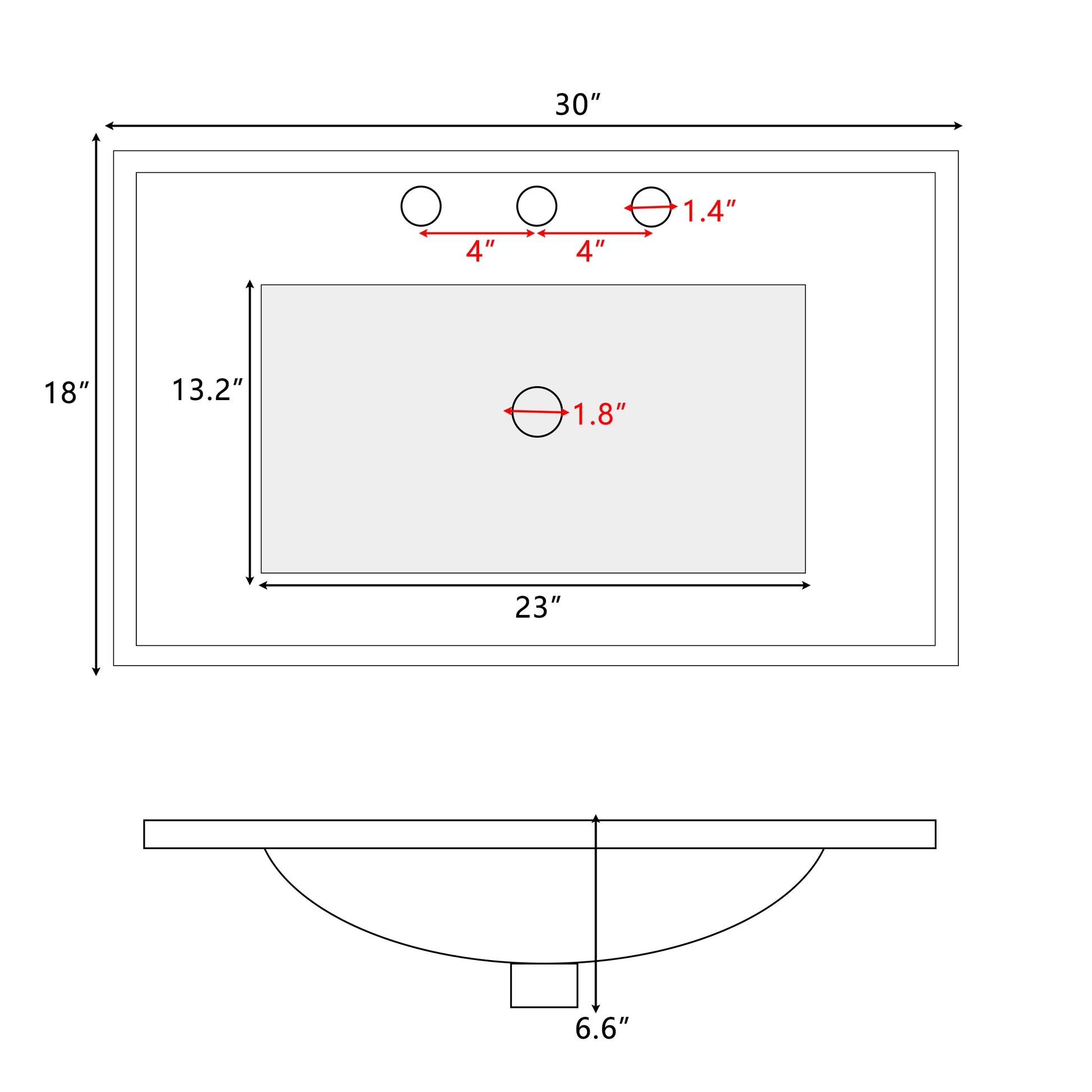 Diagram showing a  x  white undermount bathroom sink with  faucet holes spaced  apart and a  drain opening