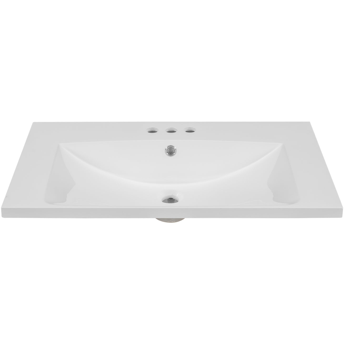 White ceramic vanity top sink with three faucet holes and integrated basin