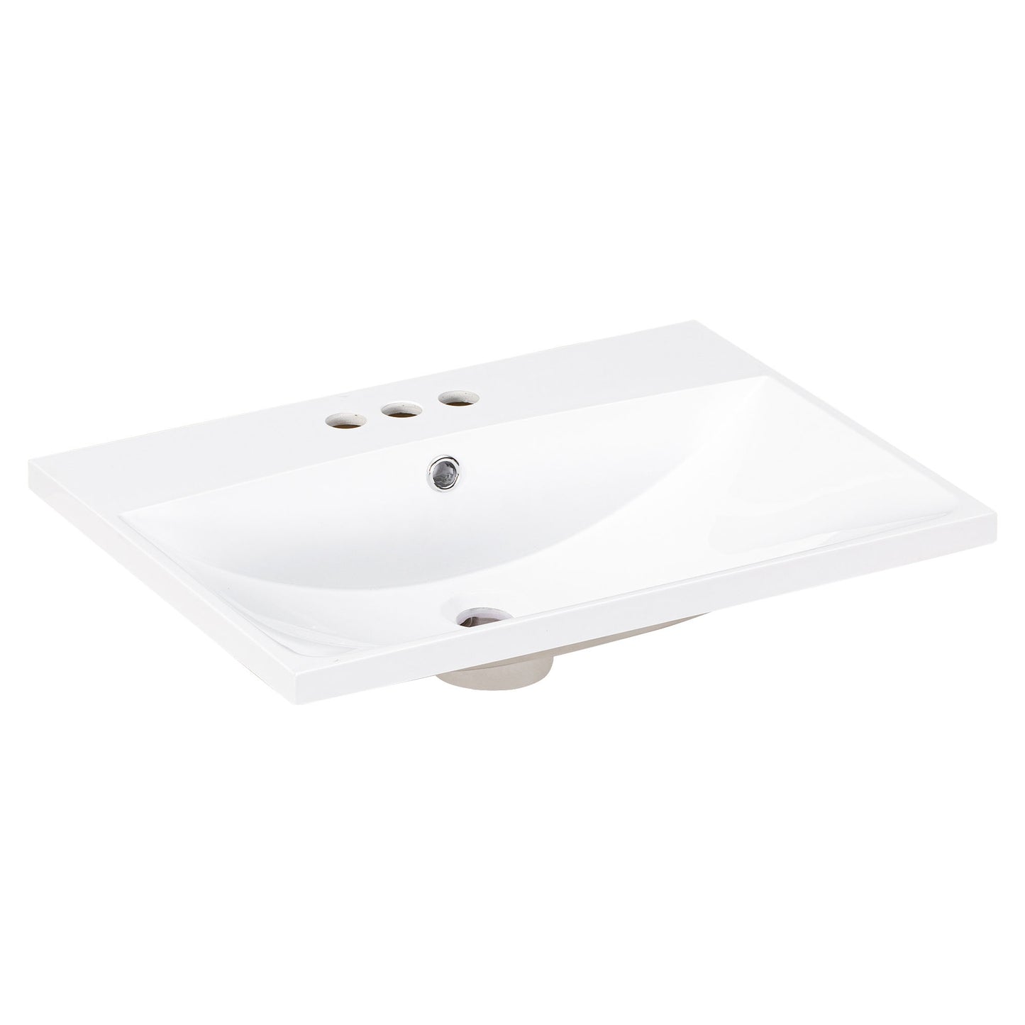 White ceramic vanity top with integrated sink and three faucet holes