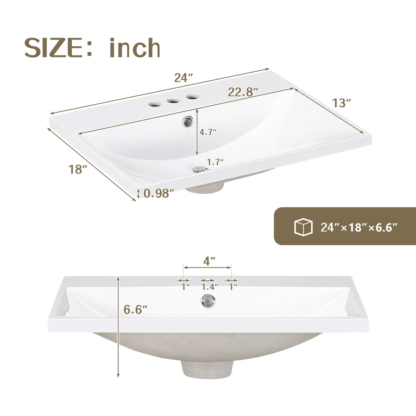 White ceramic vessel sink with triple faucet holes and detailed dimensions