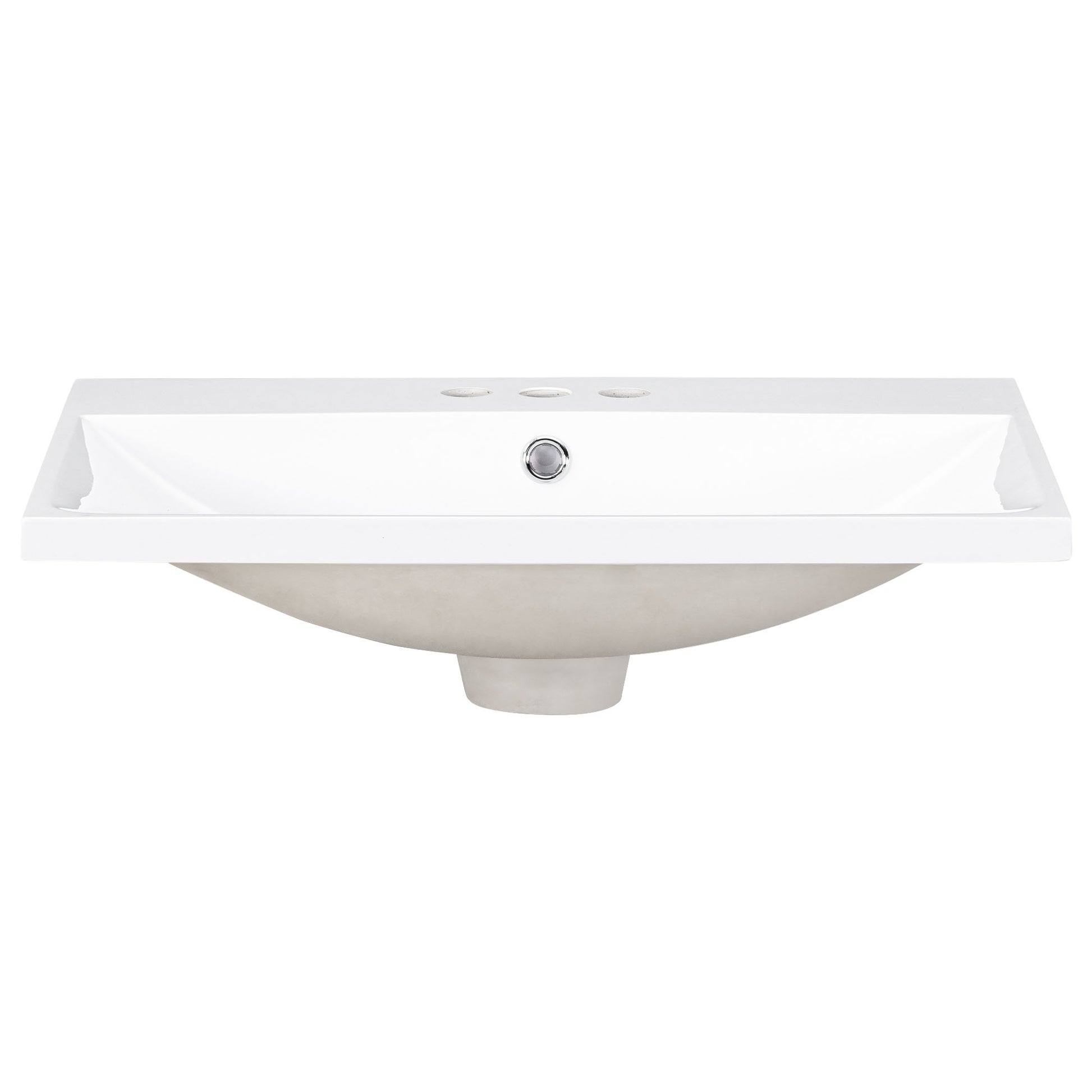 White rectangular undermount bathroom sink with  faucet holes and chrome drain