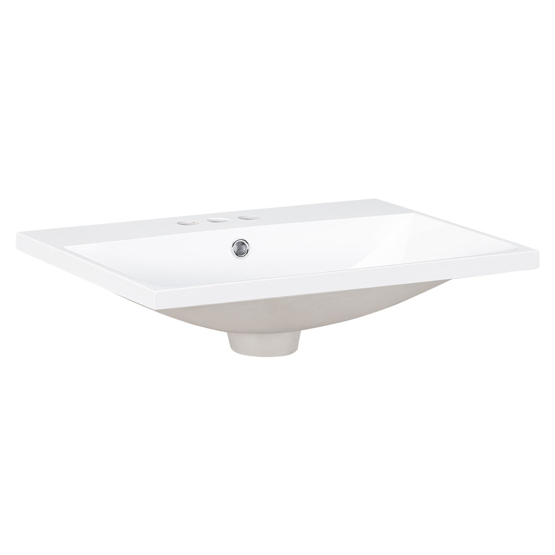 White rectangular ceramic vessel sink with three predrilled faucet holes
