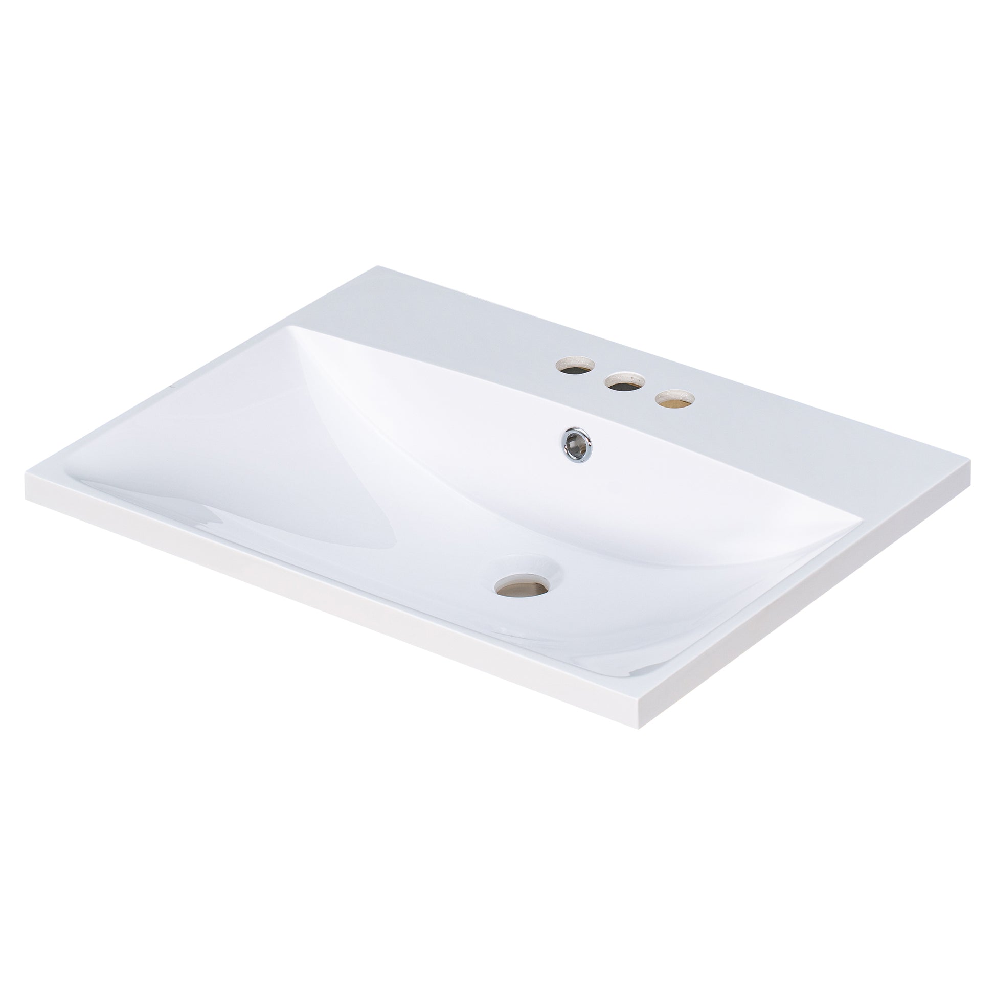 White ceramic vanity top with integrated sink and three faucet holes