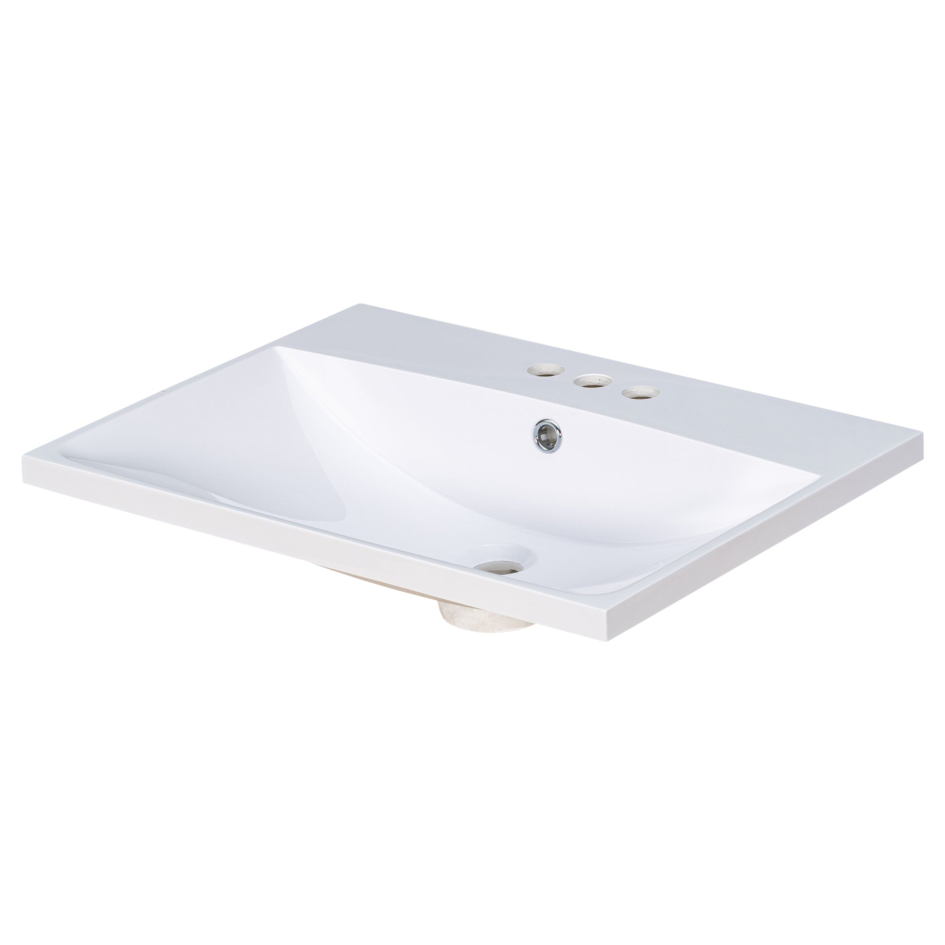 White ceramic undermount sink with three faucet holes and overflow drain