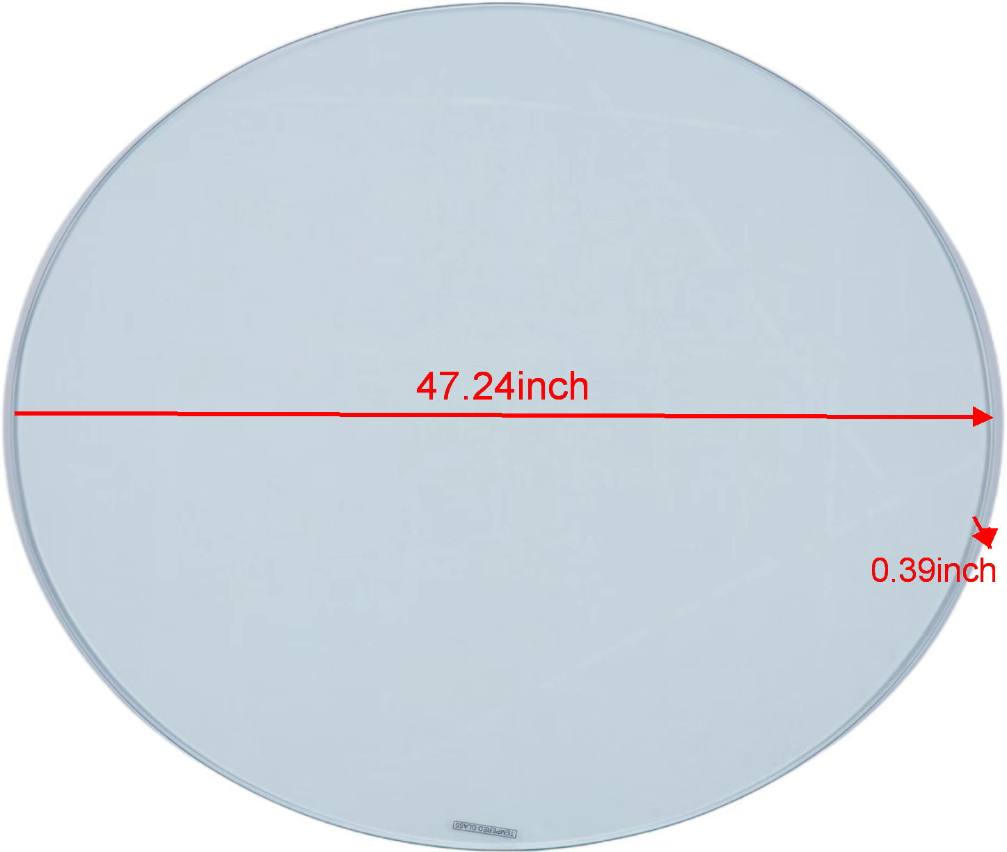 Round tempered glass tabletop  inch diameter clear with red measurement overlay