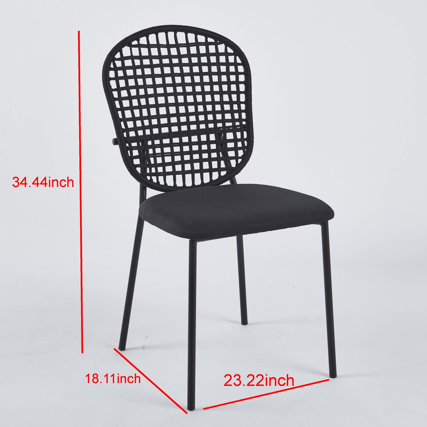 Black metal dining chair with cushioned seat and woven back