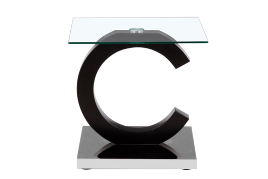 Modern Cshaped side table with a glass top and chrome base