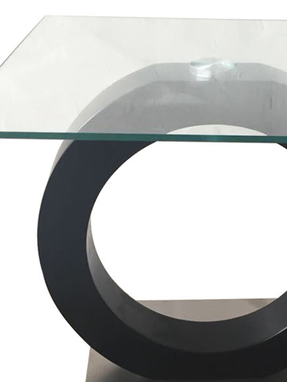 Modern black metal coffee table with a clear glass top and circular base